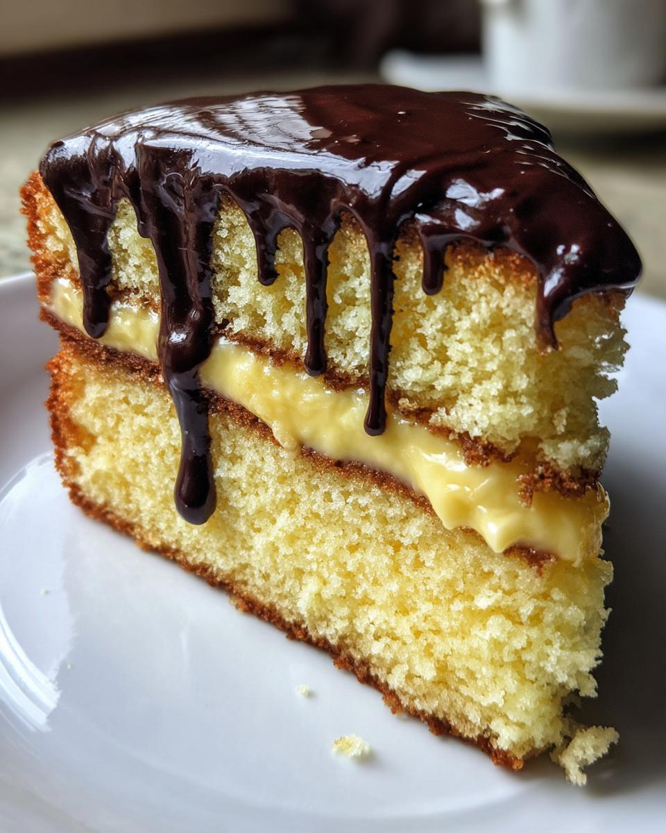 Close-up of a moist slice of Boston Cream Pie showing yellow cake, vanilla custard filling, and dripping chocolate ganache.