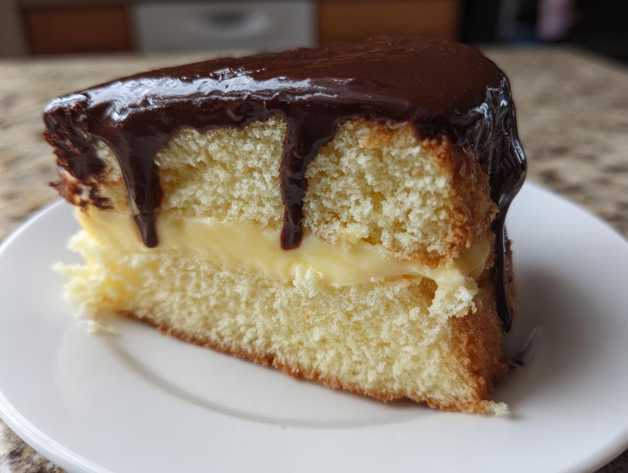 A close-up of a slice of Boston Cream Pie featuring vanilla cake, pastry cream filling, and dripping chocolate ganache.