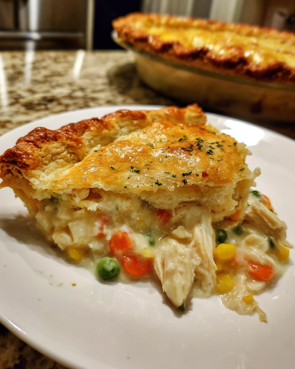 A close-up slice of marvelous chicken pot pie showing creamy filling, chicken, peas, and carrots under a golden, flaky crust.