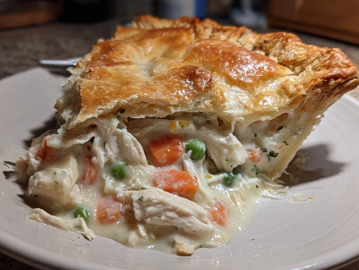 Close-up of a slice of creamy chicken pot pie showing flaky crust and filling with chicken, carrots, and peas.