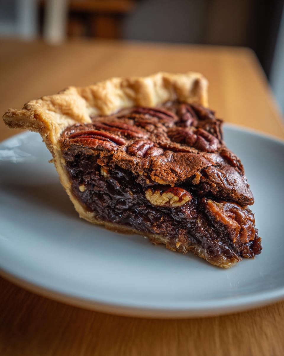 A close-up shot of a decadent slice of chocolate pecan pie with a flaky crust on a white plate.