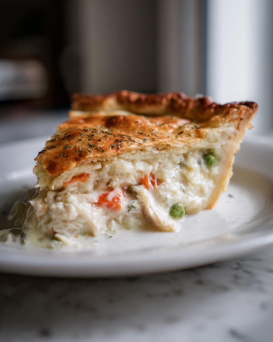 A close-up slice of creamy chicken pot pie showing chicken, carrots, and peas inside a golden, flaky crust.