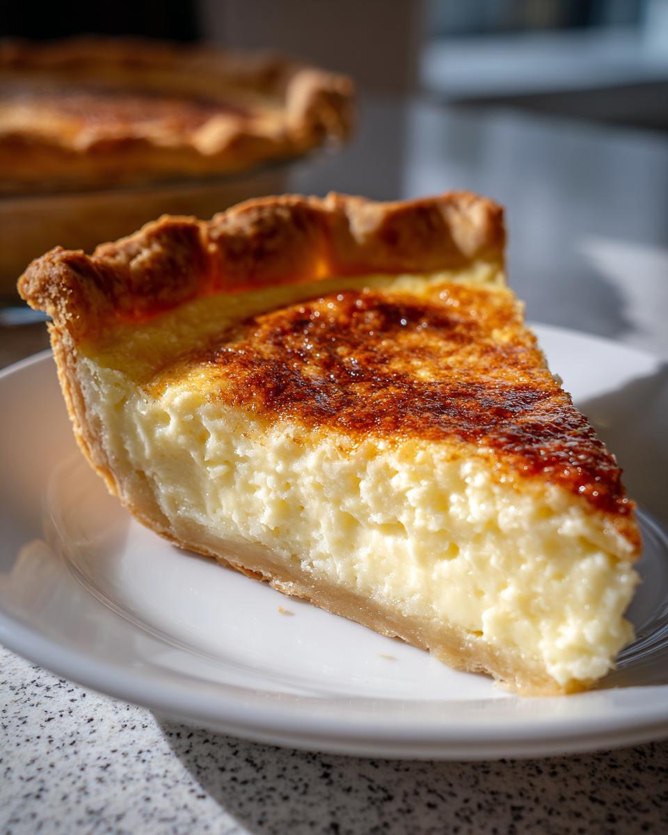 A thick slice of creamy buttermilk pie with a golden, caramelized top crust, served on a white plate.