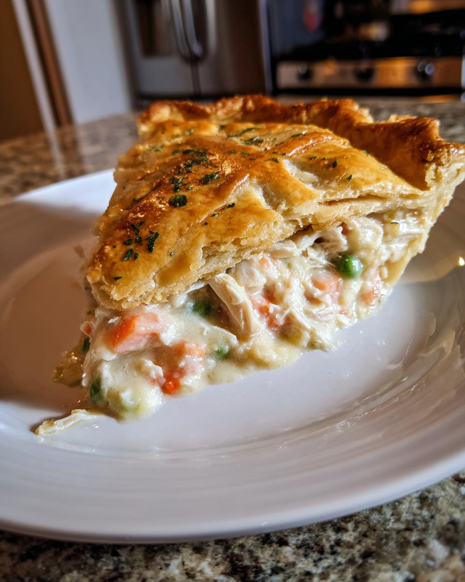 A generous slice of homemade chicken pot pie showing creamy filling and flaky crust.