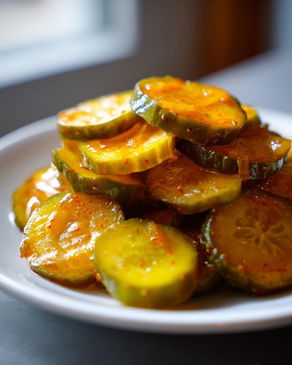 A close-up stack of glistening, sliced bread and butter pickle coins seasoned with red pepper flakes.