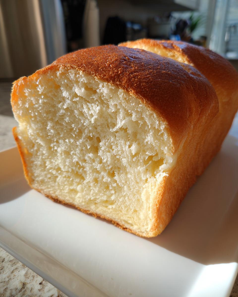 Close-up of a freshly baked loaf of condensed milk bread, showing its fluffy, white interior and golden crust.
