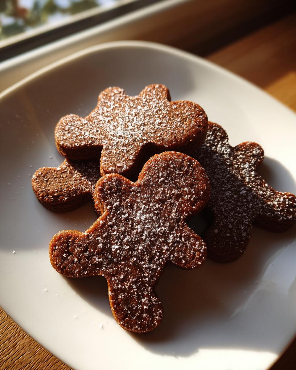 Close-up of soft gingerbread cookies shaped like people, dusted lightly with powdered sugar.