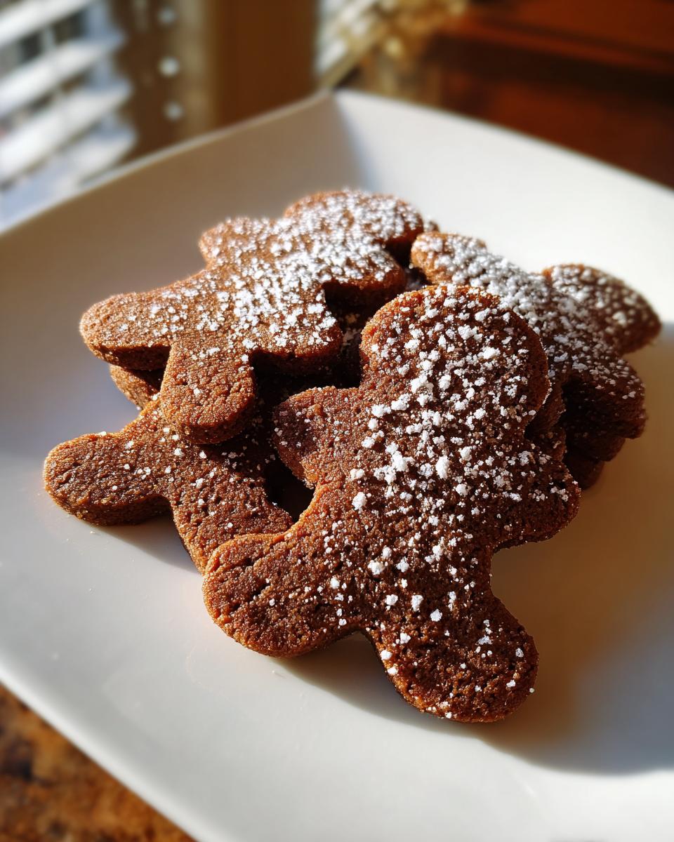 A stack of soft gingerbread cookies shaped like people, lightly dusted with white powdered sugar.