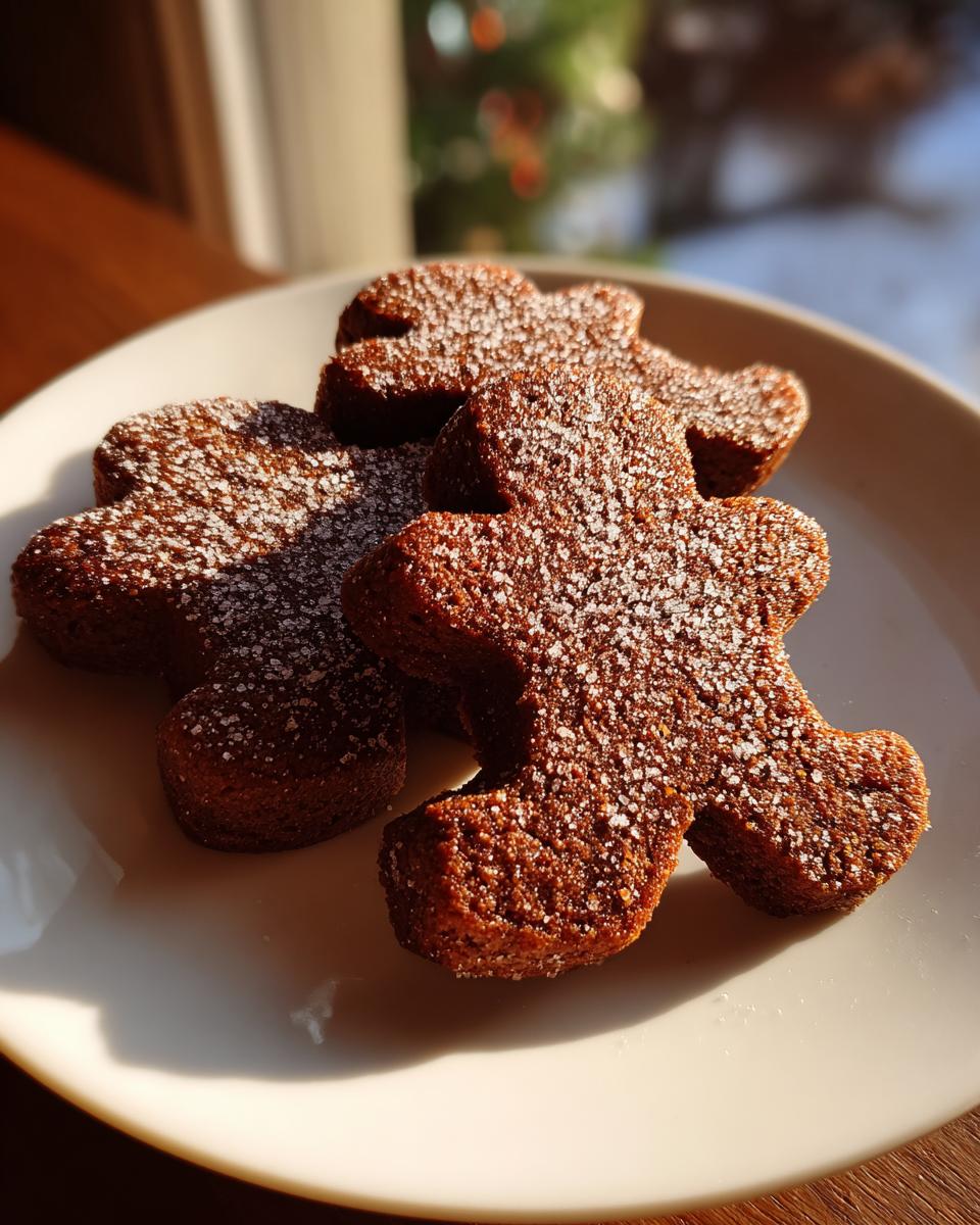 Close-up of three soft gingerbread cookies dusted with powdered sugar on a white plate.
