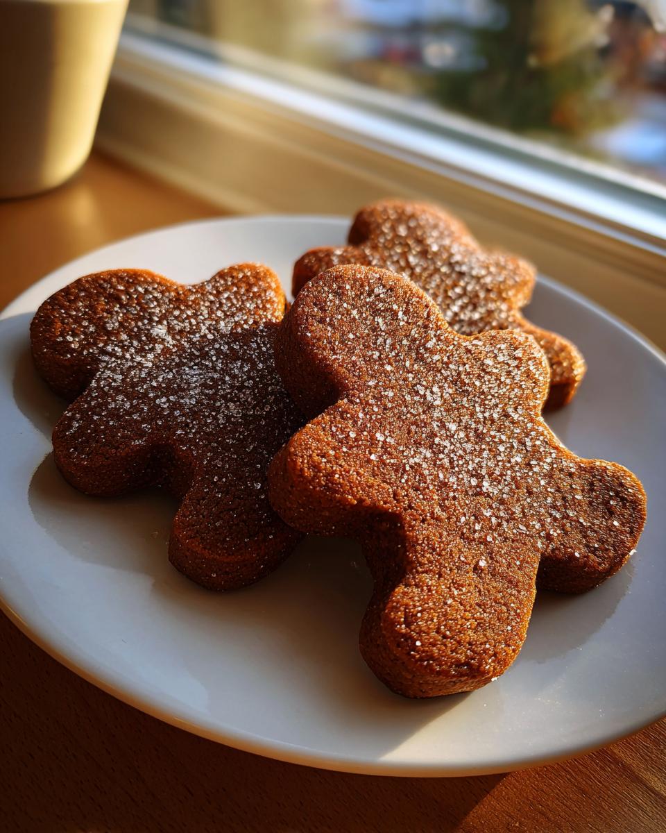 Three soft gingerbread cookies dusted with coarse sugar sitting on a white plate near a window.