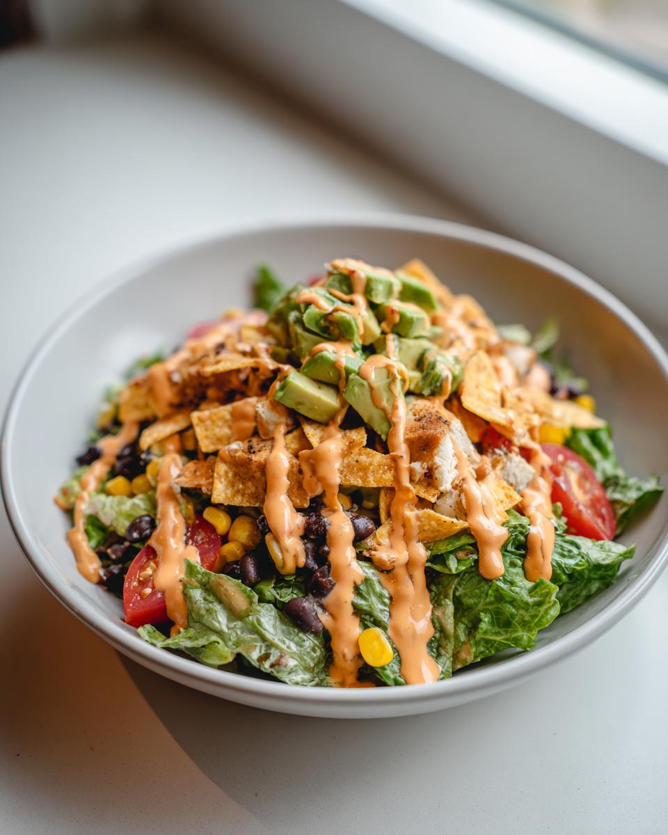 Close-up of a vibrant southwest salad topped with avocado, tortilla chips, and a creamy orange dressing.