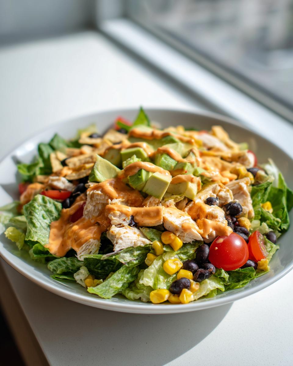 A vibrant bowl of southwest salad featuring grilled chicken, black beans, corn, avocado, and creamy dressing.