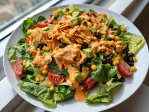 A vibrant bowl of Southwest salad featuring lettuce, black beans, corn, avocado, tomatoes, and a creamy orange dressing.