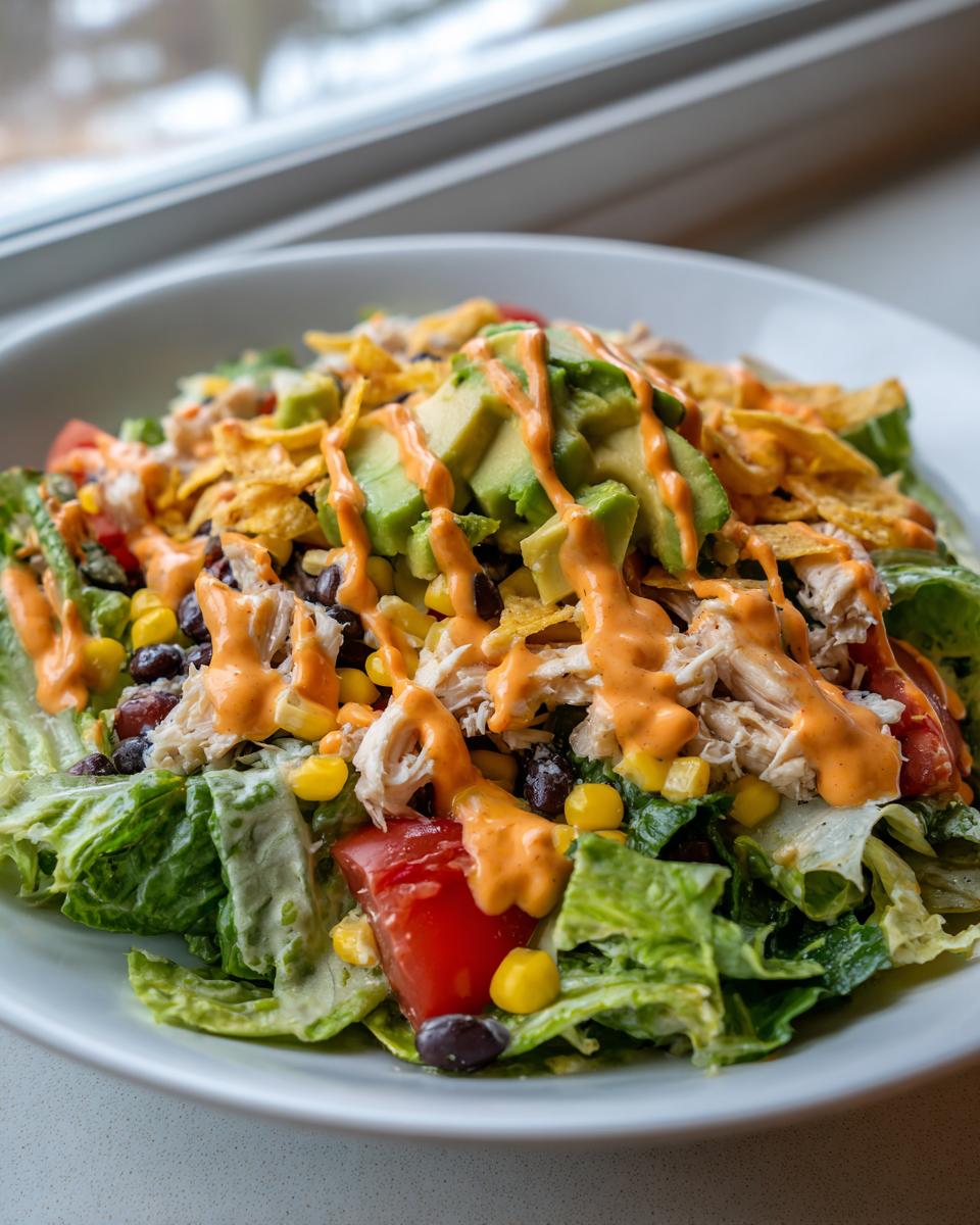 A vibrant bowl of southwest salad featuring shredded chicken, black beans, corn, avocado, and a creamy orange dressing.