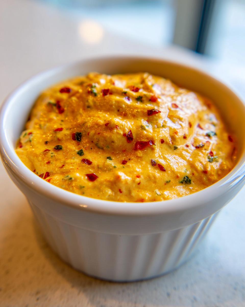 Close-up of vibrant orange cottage cheese queso dip topped with red pepper flakes in a white ramekin.