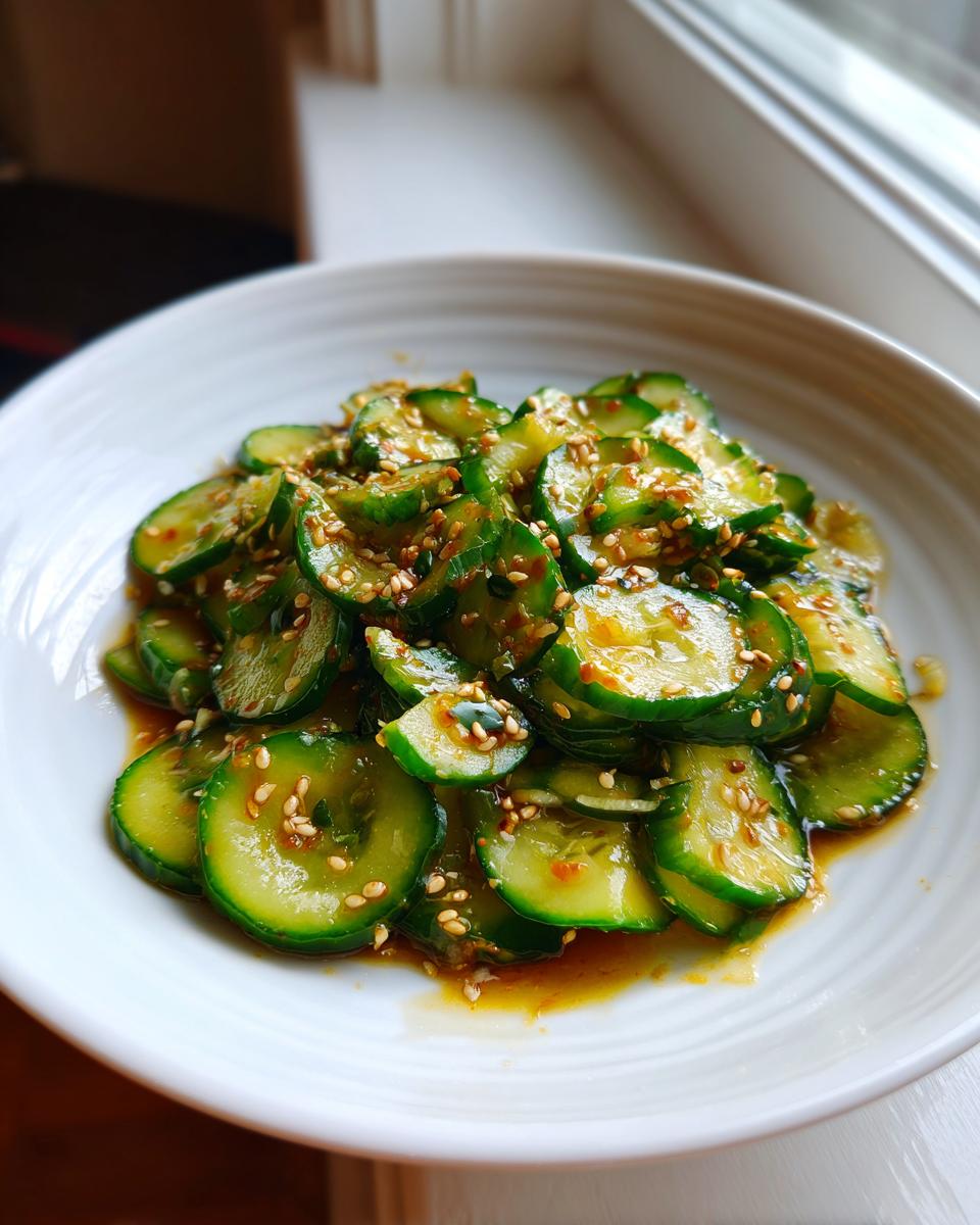 Close-up of a vibrant cucumber salad tossed in a savory, spicy dressing and topped with sesame seeds.