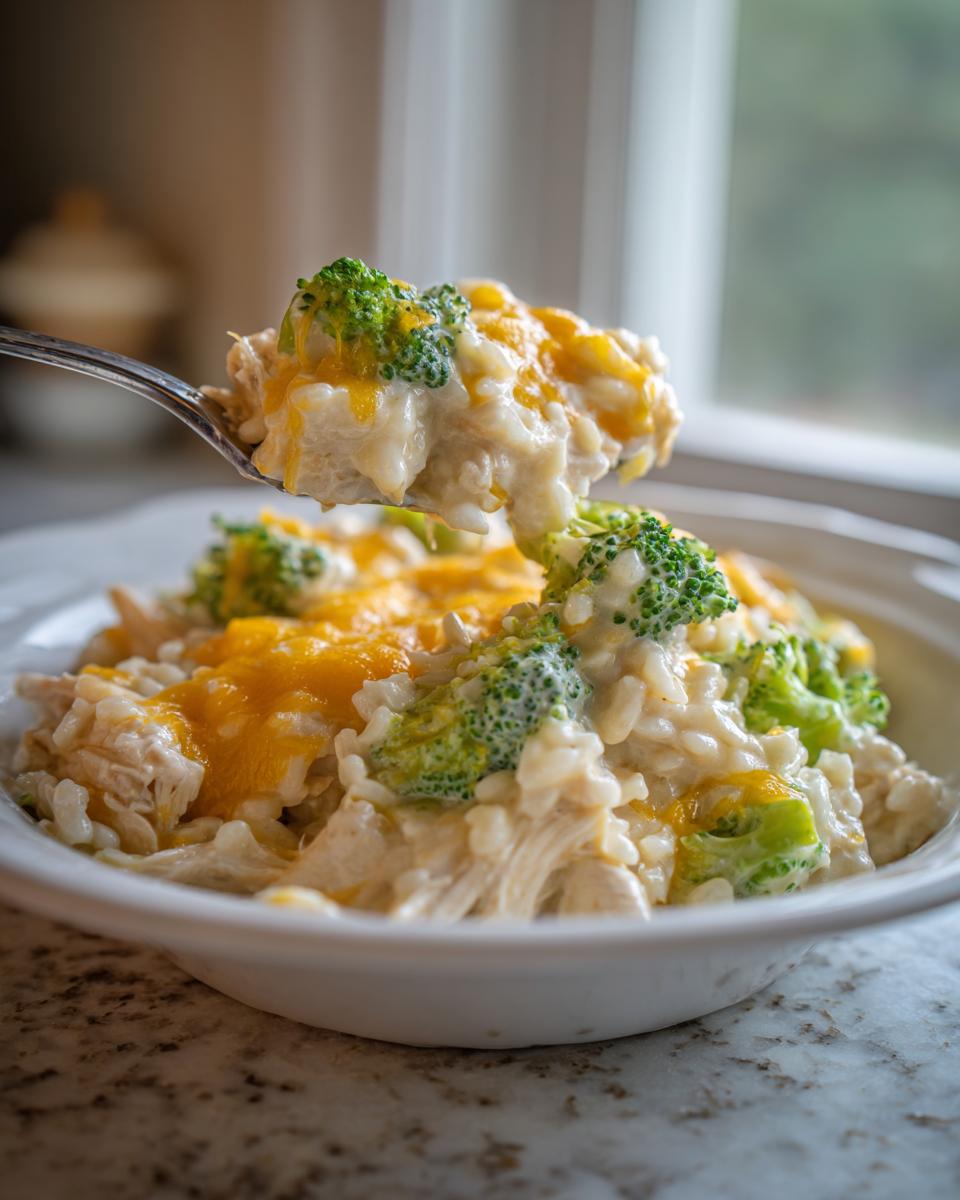A spoonful of creamy crockpot chicken and rice mixed with broccoli florets and melted cheddar cheese being lifted from a white bowl.