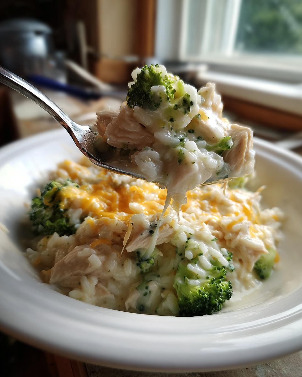 A spoonful of creamy crockpot chicken and rice mixed with bright green broccoli florets and topped with melted cheddar cheese.