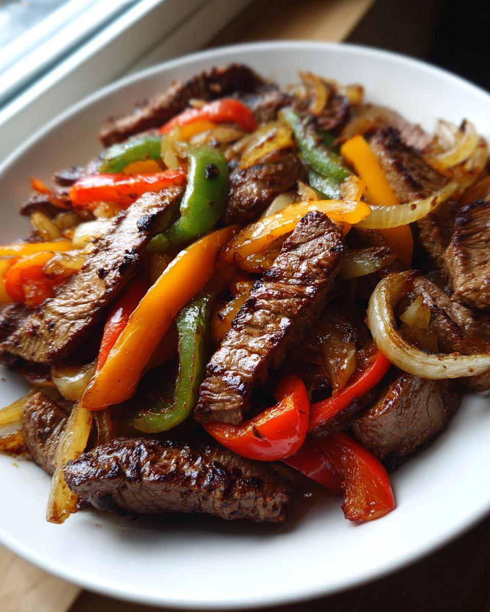 Close-up of sizzling steak fajita strips mixed with sautéed red, green, and yellow bell peppers and onions.