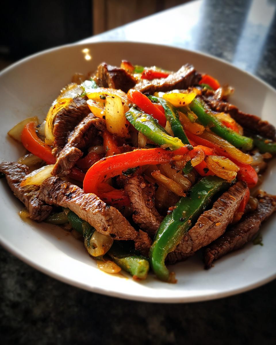 Close-up of sizzling steak fajita strips mixed with sautéed red, green peppers, and onions on a white plate.