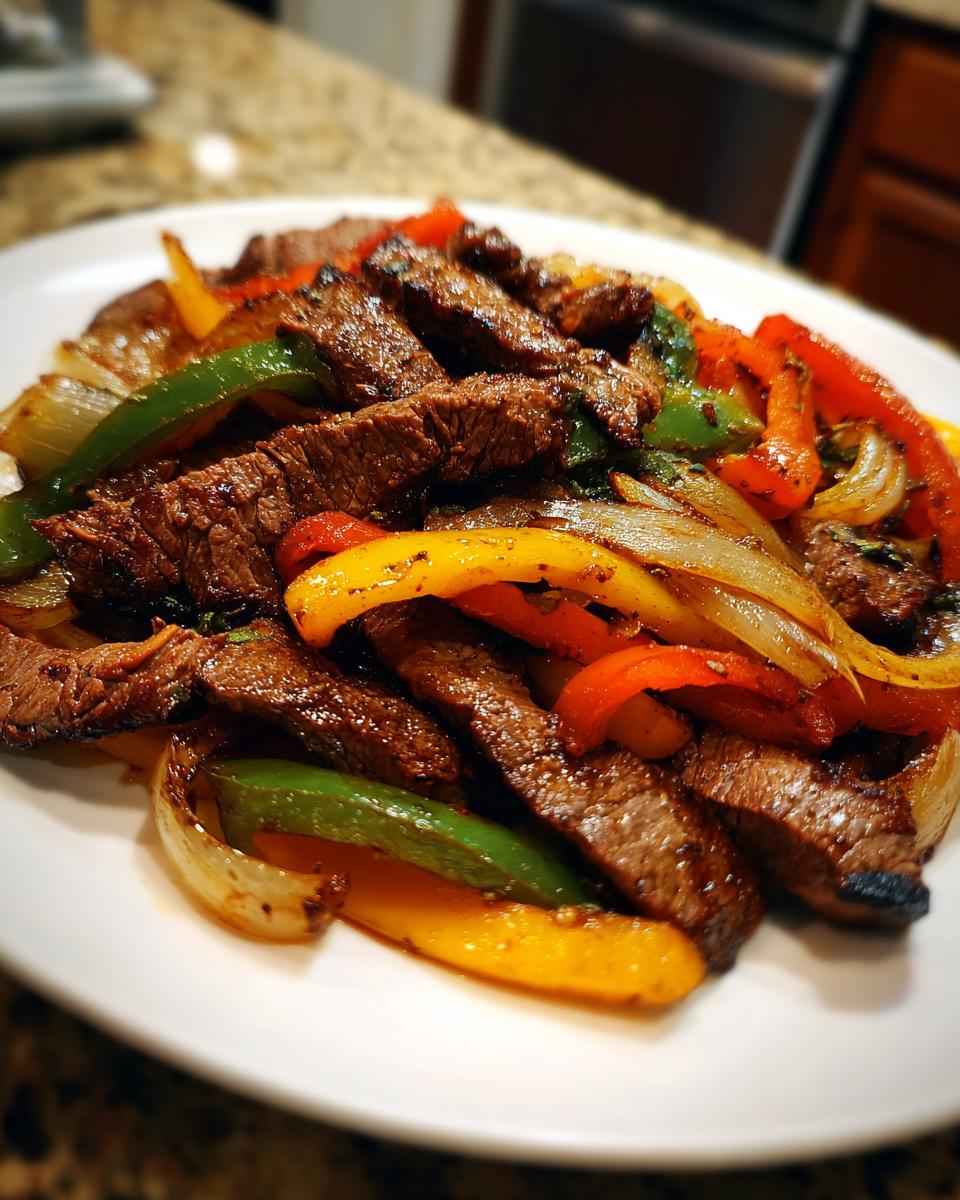 Close-up of perfectly cooked steak fajita strips mixed with sautéed red, yellow, and green bell peppers and onions.