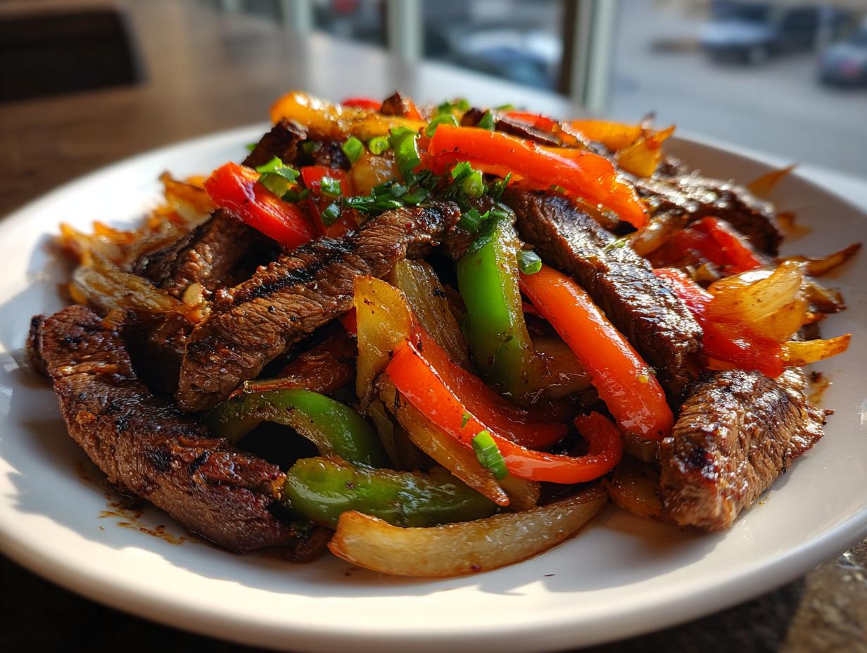 Close-up of grilled, sliced steak mixed with colorful bell peppers and onions, the main component of a steak fajita.