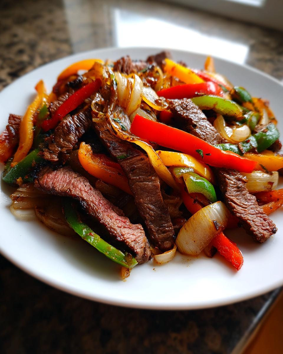 Close-up of cooked steak fajita strips mixed with sautéed red, yellow, and green bell peppers and onions.