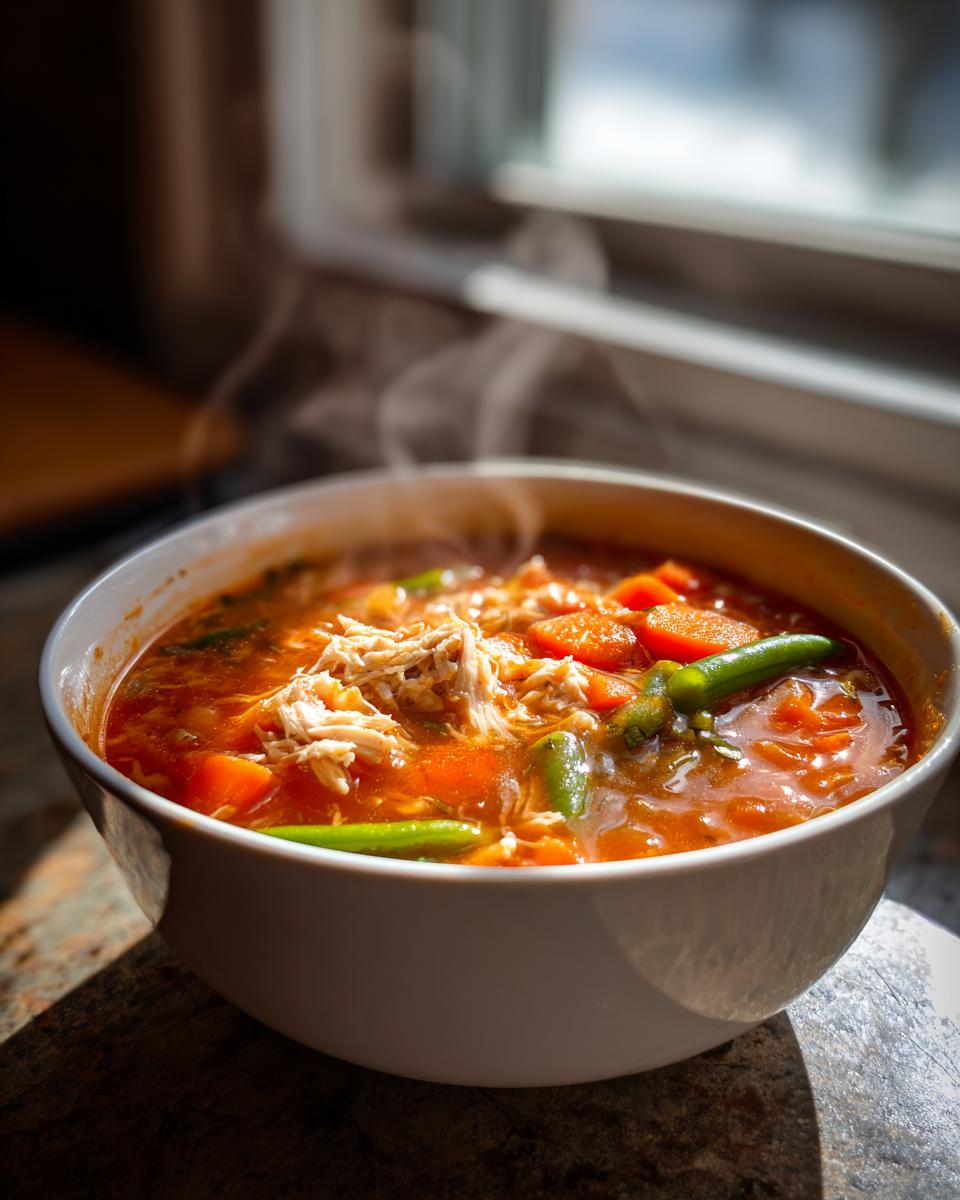 A steaming white bowl filled with rich, red maryland crab soup, visible chunks of carrots, green beans, and shredded crab meat.