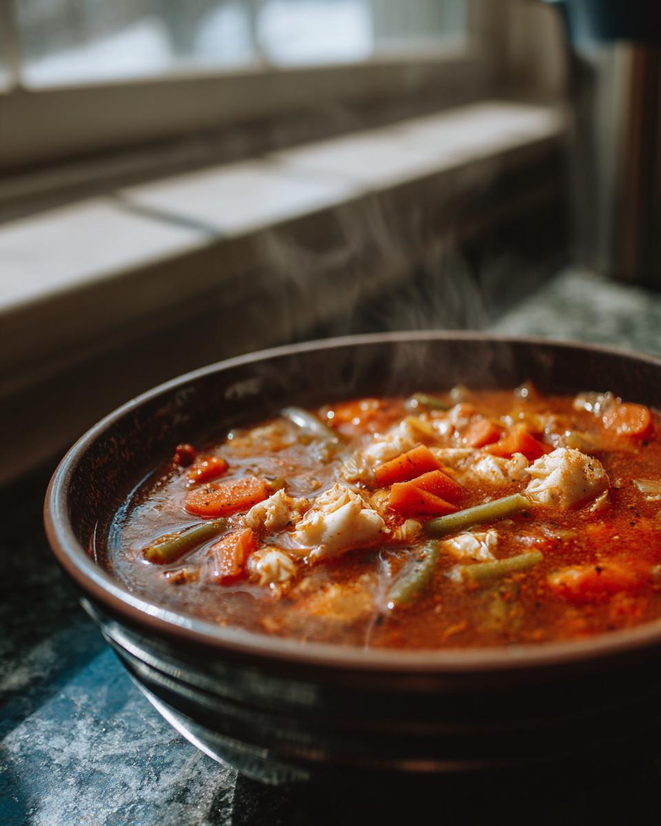 Close-up of a steaming bowl of rich, red maryland crab soup filled with visible chunks of crab meat, carrots, and green beans.
