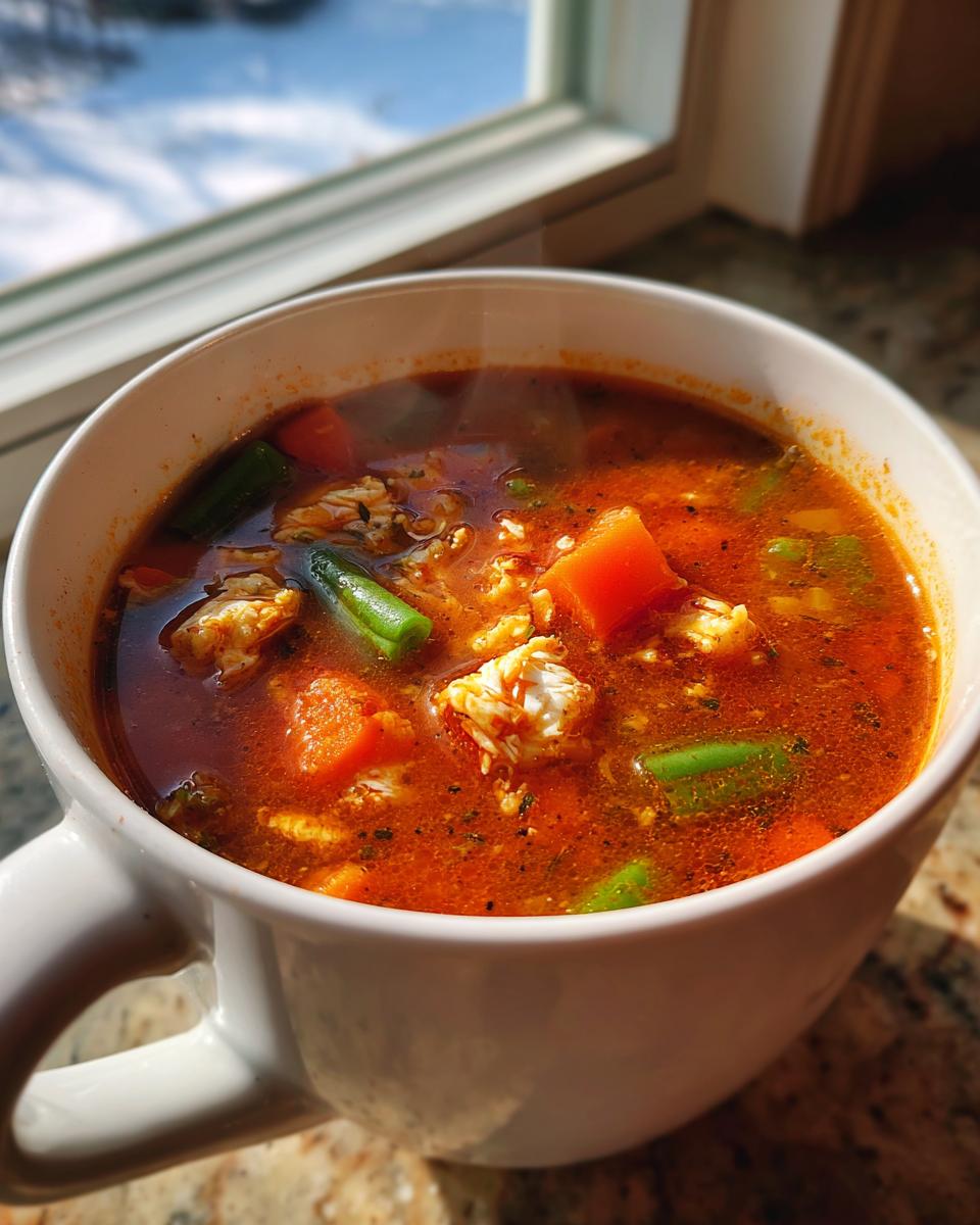 Close-up of steaming maryland crab soup with visible chunks of crab meat, carrots, and green beans in a white mug.
