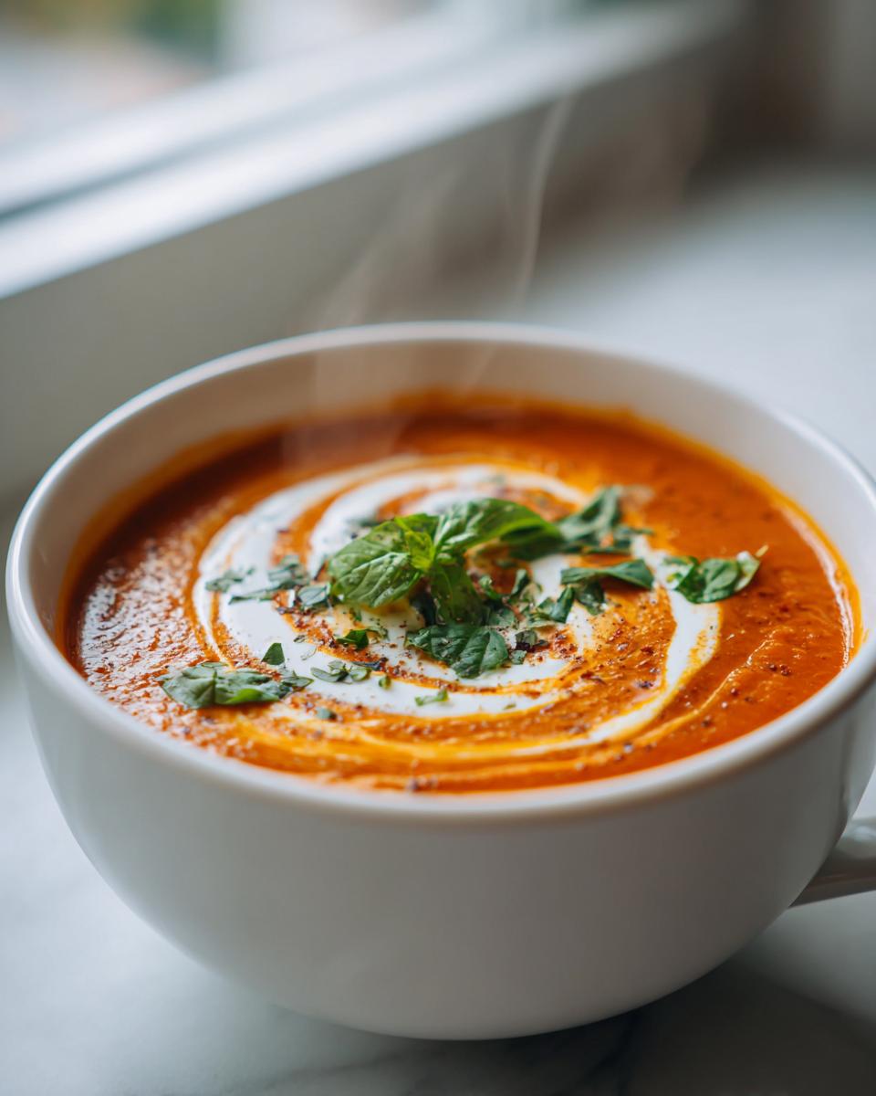 Close-up of a steaming white bowl filled with rich tomato basil soup, topped with a cream swirl and fresh basil leaves.