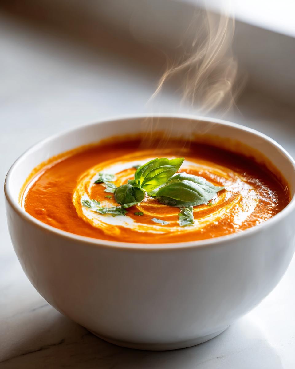 Close-up of a steaming white bowl filled with rich orange tomato basil soup, garnished with a cream swirl and fresh basil leaves.