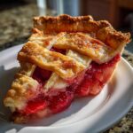 Close-up of a juicy slice of strawberry rhubarb pie featuring a golden lattice crust and bright red filling.