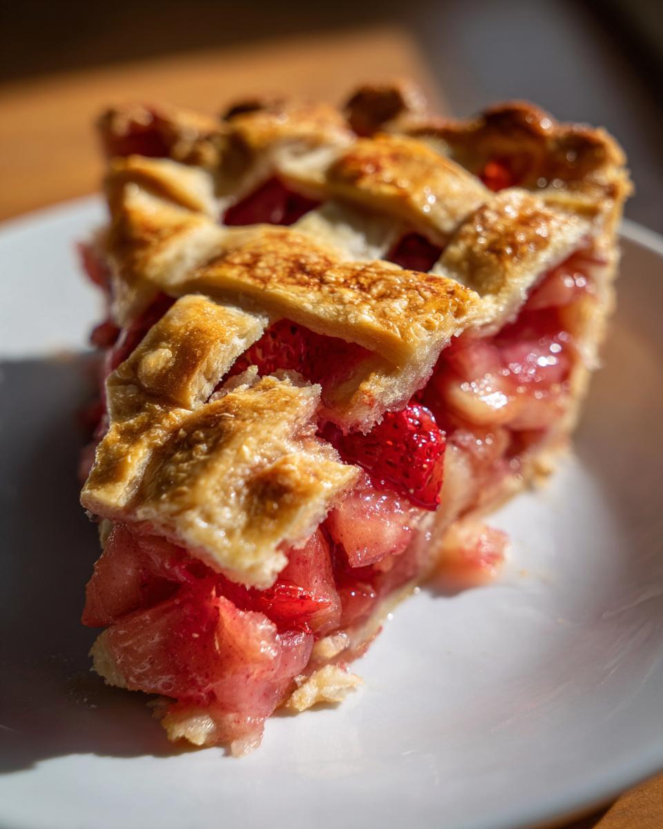 Close-up of a slice of strawberry rhubarb pie showing the juicy filling and golden lattice crust.