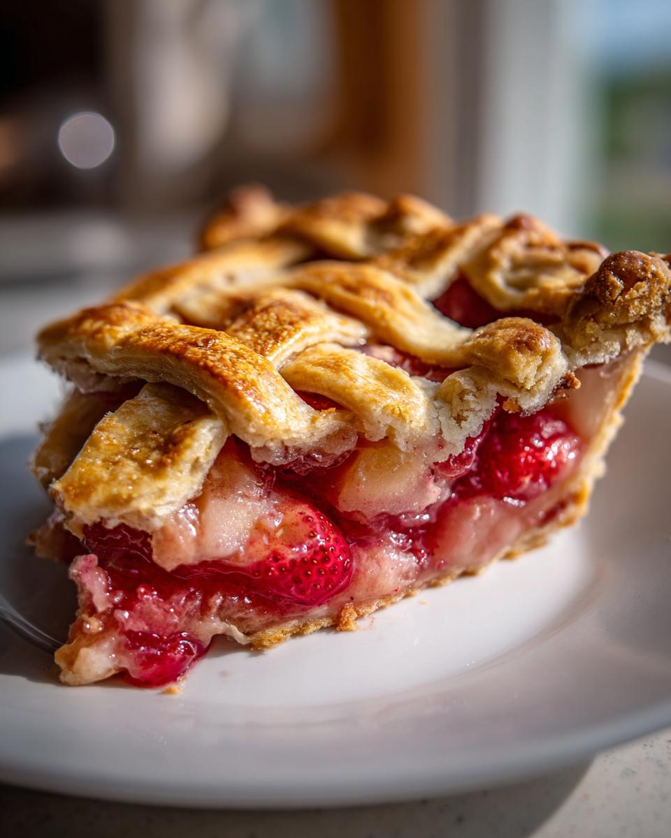 Close-up of a slice of strawberry rhubarb pie showing the juicy filling and golden lattice crust.