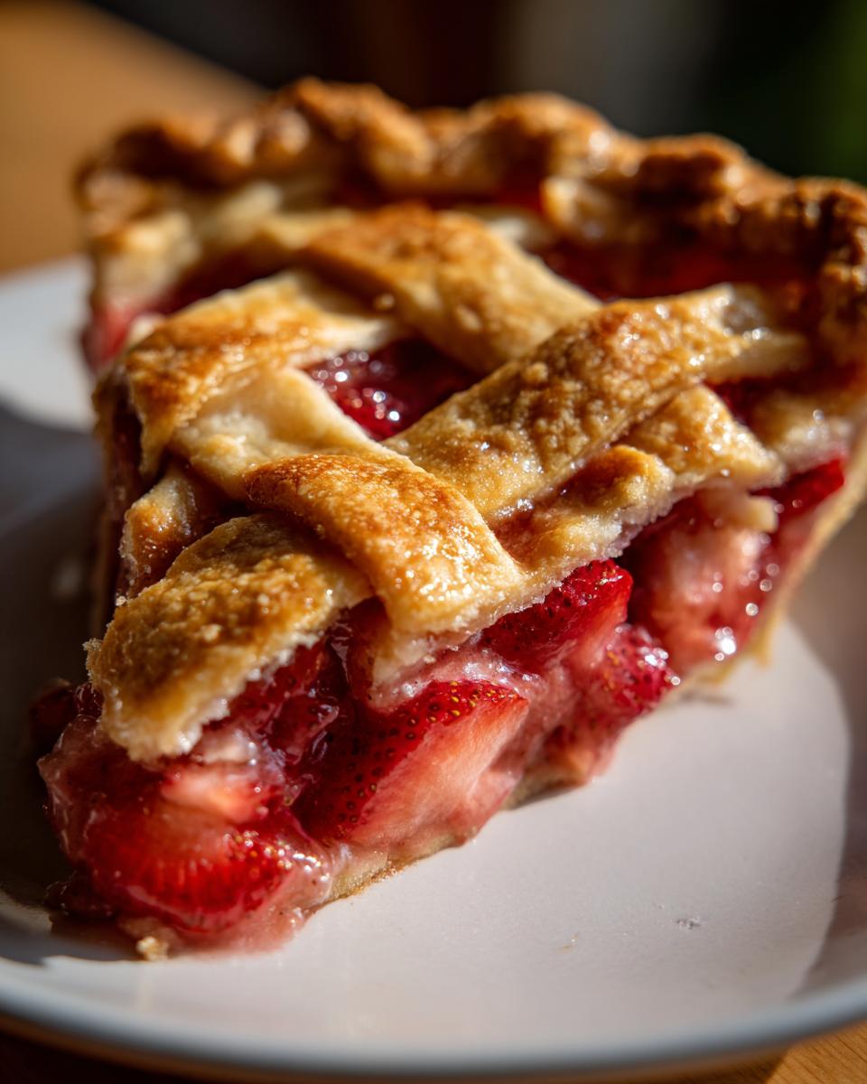 A close-up, sunlit slice of strawberry rhubarb pie with a golden lattice crust showing juicy red filling.