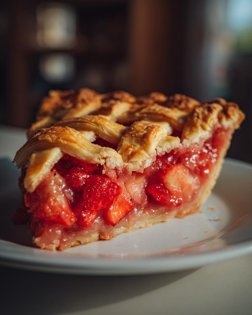 A close-up of a perfect slice of strawberry rhubarb pie showing the bright red filling and golden lattice crust.