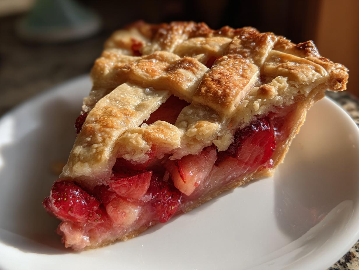 Close-up of a juicy slice of strawberry rhubarb pie featuring a golden lattice crust and bright red filling.