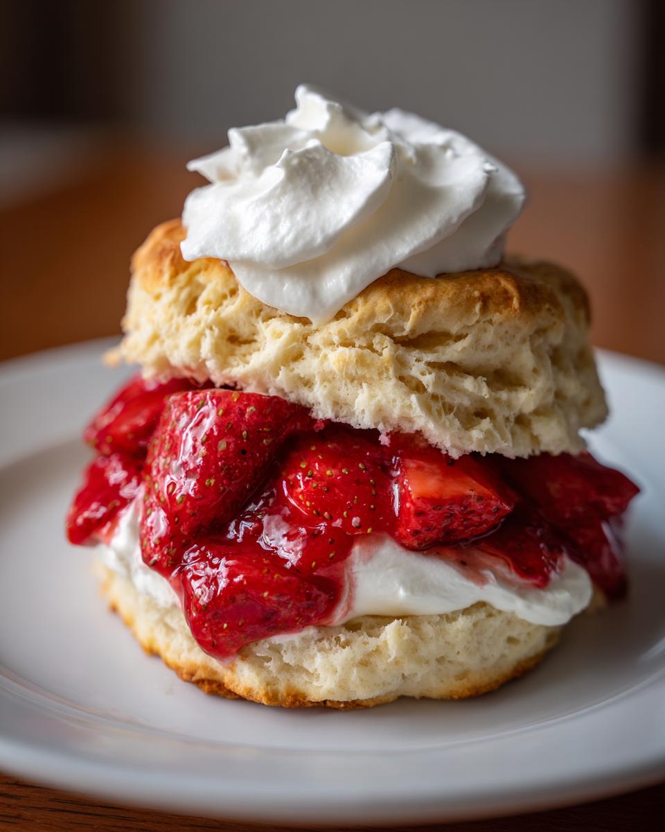 Close-up of a single serving strawberry shortcake with biscuit, macerated strawberries, and whipped cream.