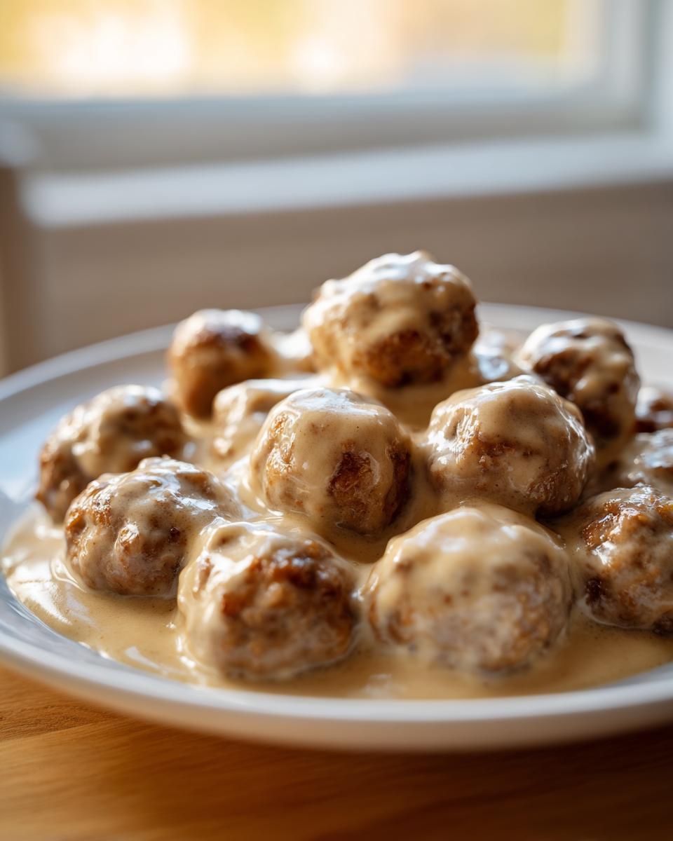 Close-up of perfectly browned swedish meatballs smothered in a rich, creamy gravy, served on a white plate.