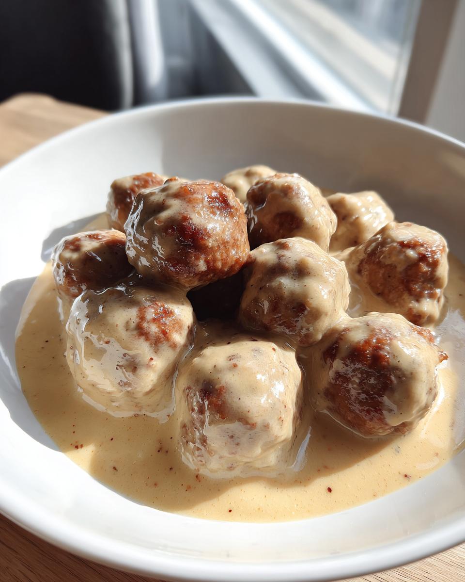 A white bowl filled with perfectly browned Swedish meatballs smothered in rich, creamy brown gravy.
