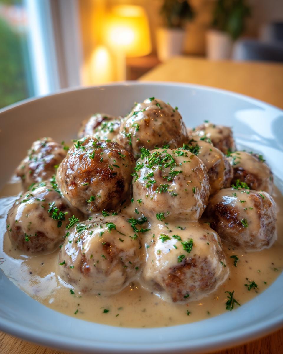 A close-up shot of several perfectly browned Swedish meatballs smothered in rich cream gravy and sprinkled with fresh parsley.