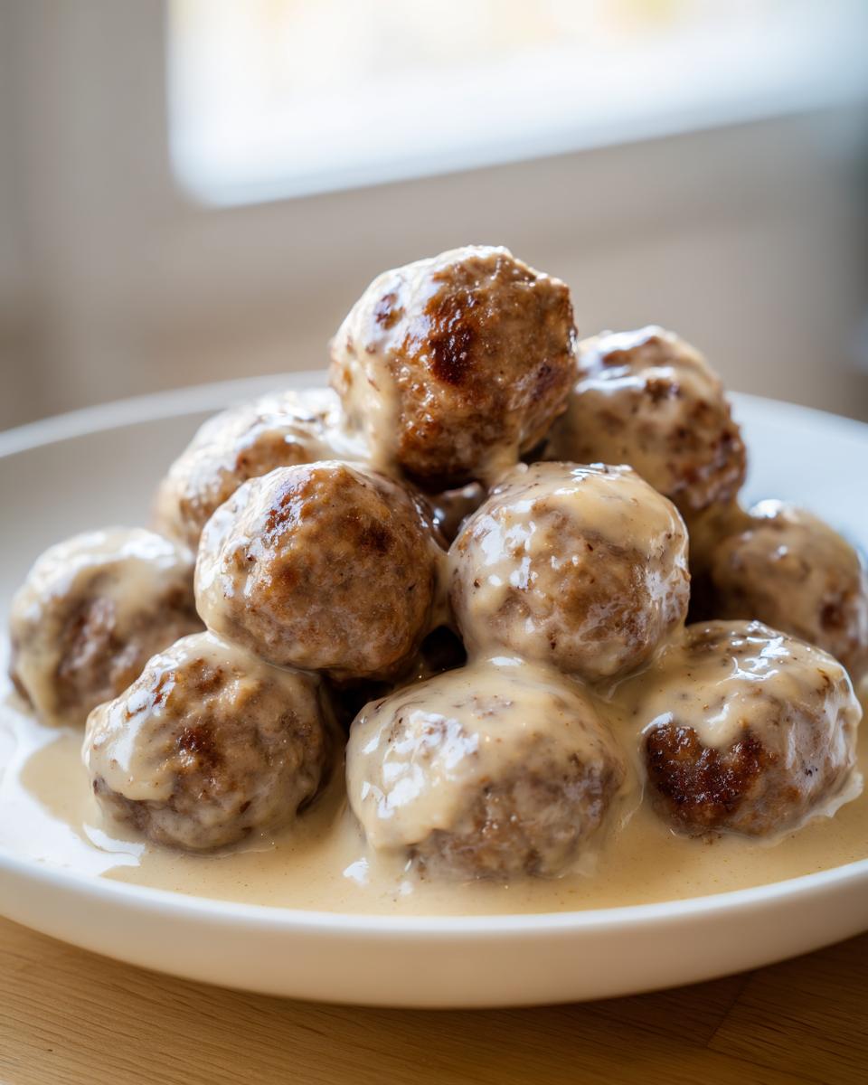 Close-up of perfectly browned Swedish meatballs piled high and smothered in a creamy, rich gravy.