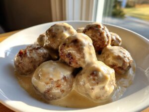 Close-up of several Swedish meatballs generously covered in creamy, rich gravy in a white bowl.