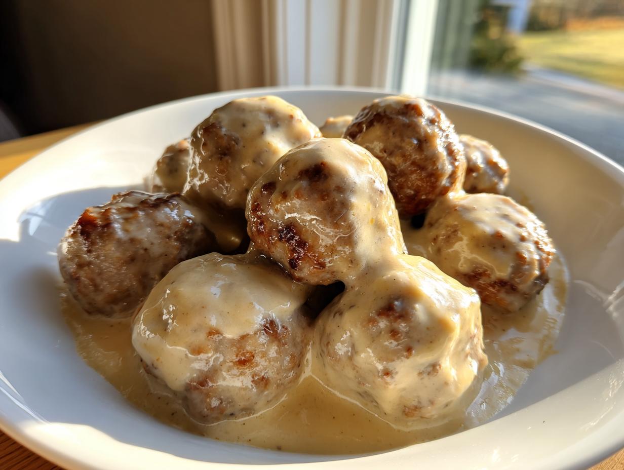 Close-up of several Swedish meatballs generously covered in creamy, rich gravy in a white bowl.