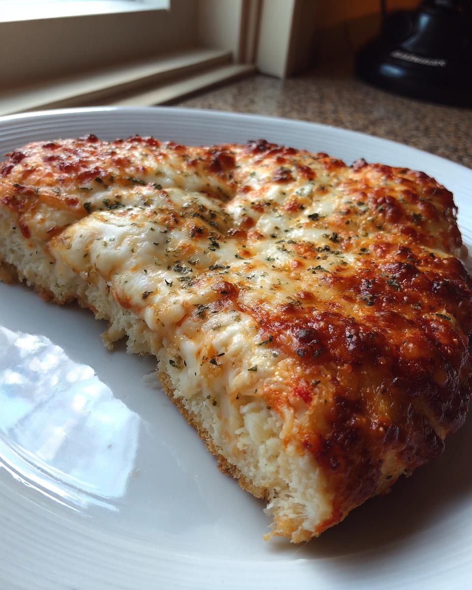 A thick slice of amazing cheese pizza with melted, browned mozzarella and herbs on a white plate.