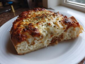 A thick slice of amazing cheese pizza with bubbly, browned mozzarella and herbs on a white plate.