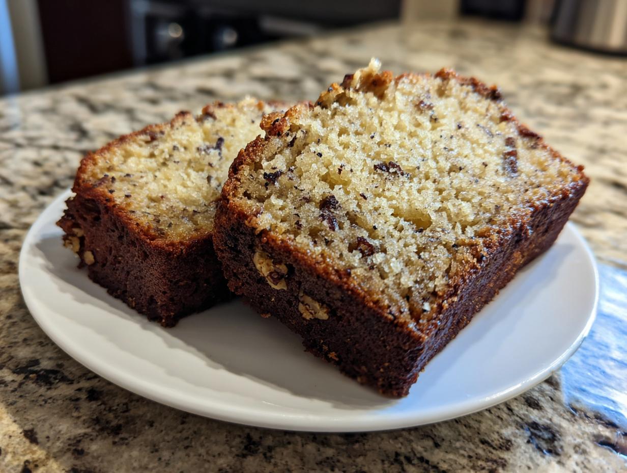 Two thick slices of moist banana bread recipe with visible nuts and dark banana flecks on a white plate.