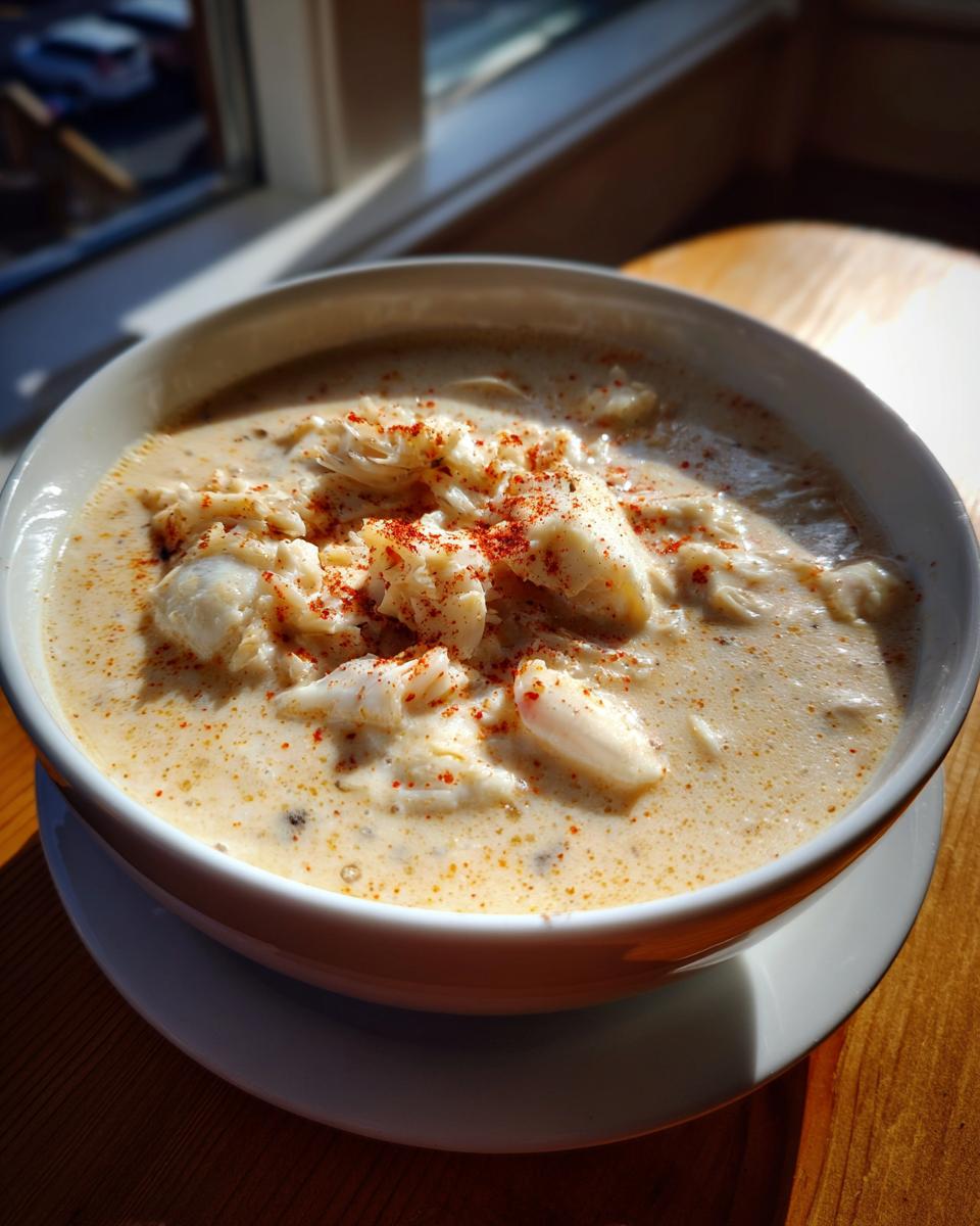 A close-up of a thick, creamy bowl of crab soup generously topped with large flakes of white crab meat and paprika.