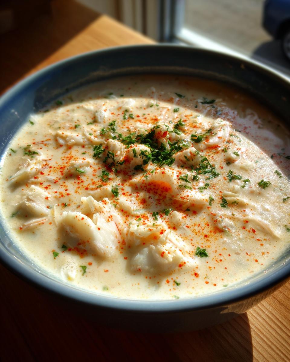 Close-up of a bowl of creamy, velvety crab soup generously topped with large chunks of white crab meat.